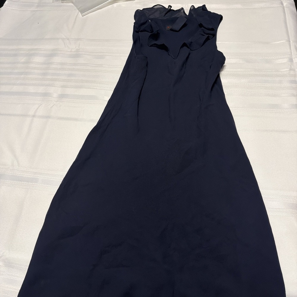 Vintage Ralph Lauren Y2K Navy Blue Ruffle V-Neck Sleeveless Midi Dress Medium